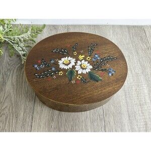 Vintage Wooden Box Oval Shape Hand Painted Floral Lid Made In Yugoslavia